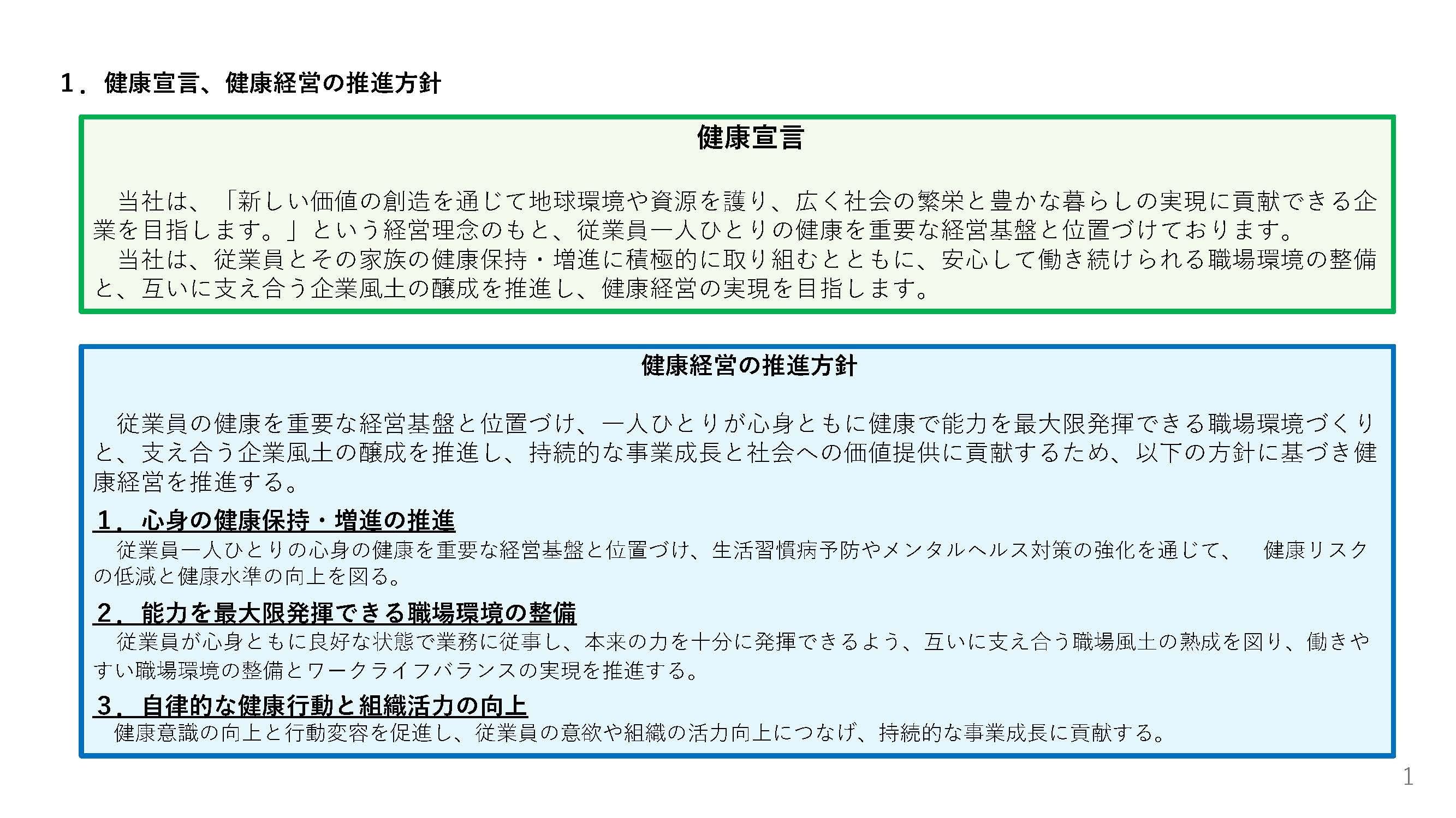 1.健康宣言、健康経営の推進方針